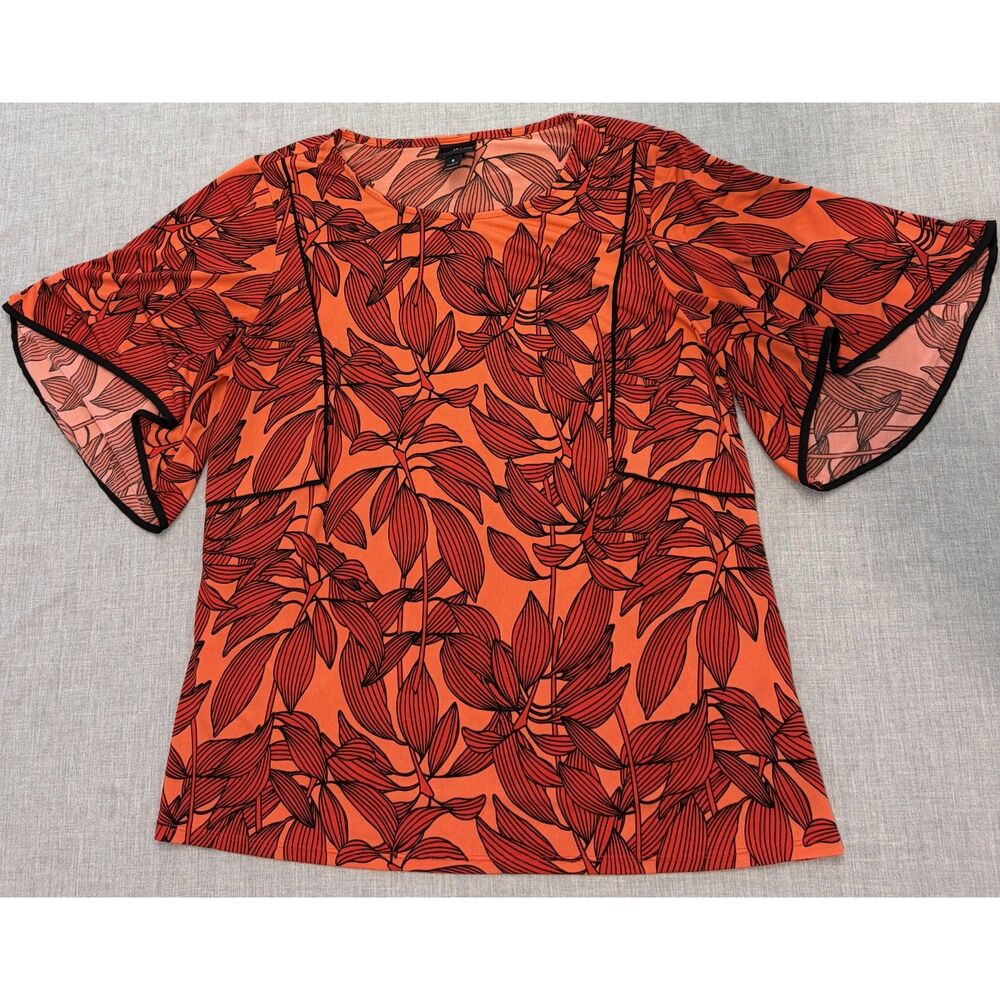 Worthington Flutter Sleeve Flowy Blouse Top Red Botanical Leaves Size S